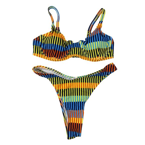 Unknown Brand - Underwired Striped Top & Hi Leg Bikini in Blue Yellow & Orange - Picture 1 of 3